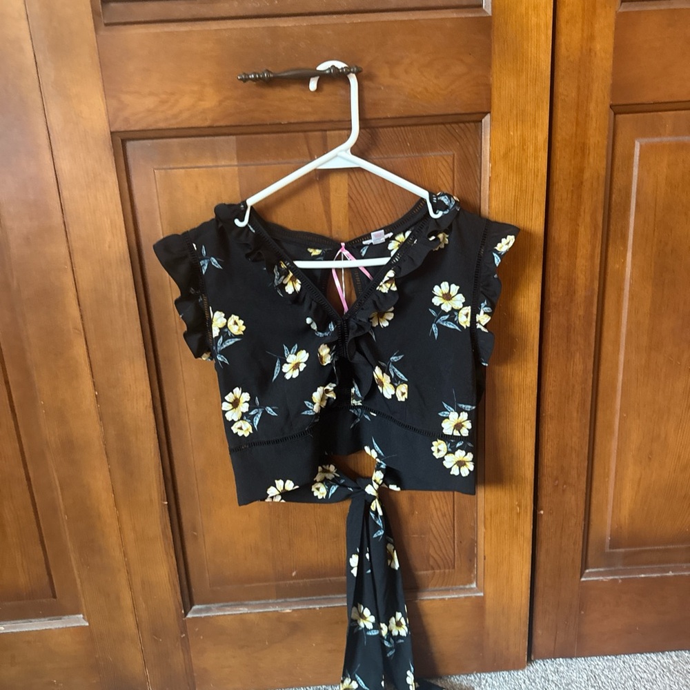 Floral Black Crop Top with Tie Back
